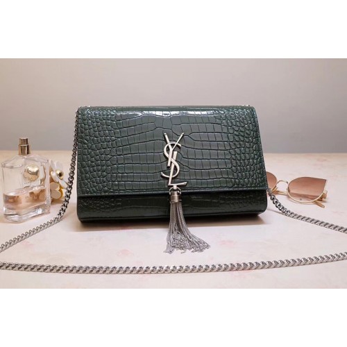 YSL Medium Kate Tassel Chain Bag Green Crocodile Embossed Leather