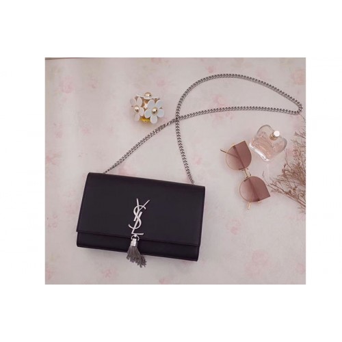 YSL Classic Medium Monogram Chain Tassel Satchel Bag Black Leather Silver Chain YSL Classic Medium Monogram Chain Tassel Satchel Bag Black Leather Silver Chain
