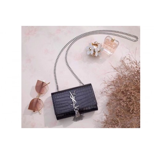 YSL Classic Monogram Satchel In Black Crocodile Embossed Leather Silver Chain