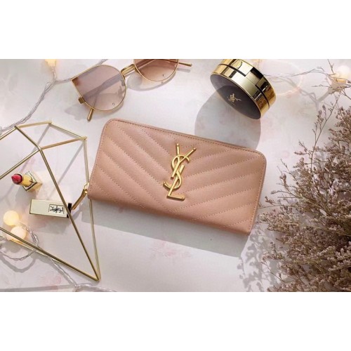 YSL Monogram Zip Around Wallet in Pink Grain de Poudre Embossed Leather