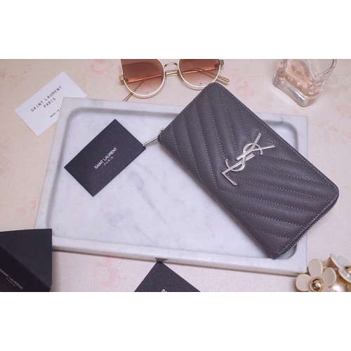 YSL Monogram Zip Around Wallet in Gray Grain de Poudre Embossed Leather With Silver YSL YSL Monogram Zip Around Wallet in Gray Grain de Poudre Embossed Leather With Silver YSL
