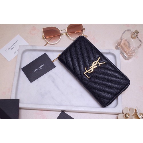 YSL Monogram Zip Around Wallet in Black Grain de Poudre Embossed Leather With Gold YSL