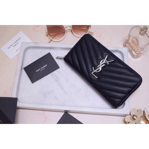 YSL Monogram Zip Around Wallet in Black Grain de Poudre Embossed Leather With Silver YSL YSL Monogram Zip Around Wallet in Black Grain de Poudre Embossed Leather With Silver YSL