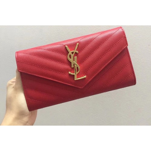 YSL Monogram Large Flap Wallet in Red Grain de Poudre Embossed Leather YSL Monogram Large Flap Wallet in Red Grain de Poudre Embossed Leather