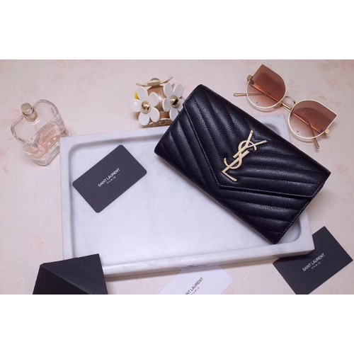 YSL Monogram Large Flap Wallet in Black Grain de Poudre Embossed Leather Silver Hardware
