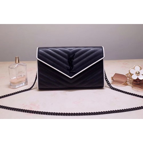 YSL Monogram Chain Wallet Bags In Black Grain De Poudre Embossed Leather