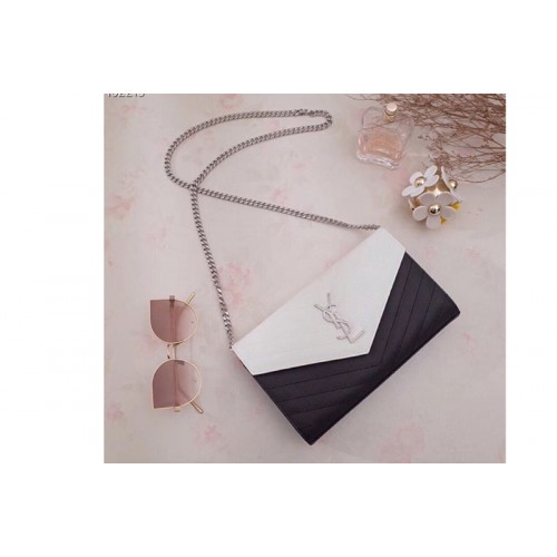 YSL Monogram Chain Wallet Bags In Black White Grain De Poudre Embossed Leather