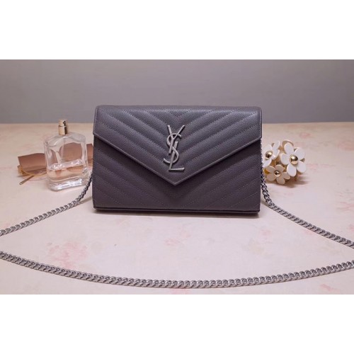 YSL Monogram Chain Wallet Bags In Gray Grain De Poudre Embossed Leather YSL Monogram Chain Wallet Bags In Gray Grain De Poudre Embossed Leather