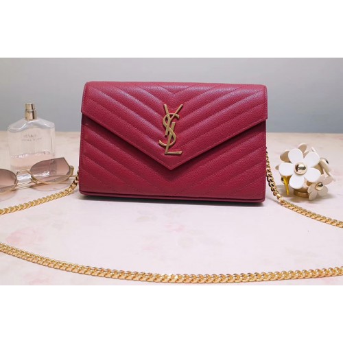 YSL Monogram Chain Wallet Bags In Red Grain De Poudre Embossed Leather