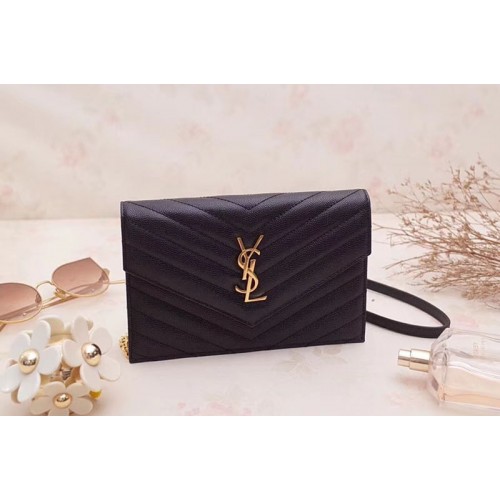 YSL Grained Calfskin Monogram Envelope Chain Wallet Black Leather Gold Chain YSL Grained Calfskin Monogram Envelope Chain Wallet Black Leather Gold Chain