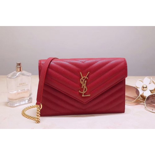 YSL Envelope Chain Wallet Bags In Red Grain De Poudre Embossed Leather