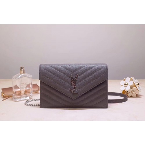 YSL Envelope Chain Wallet Bags In Gray Grain De Poudre Embossed Leather YSL Envelope Chain Wallet Bags In Gray Grain De Poudre Embossed Leather