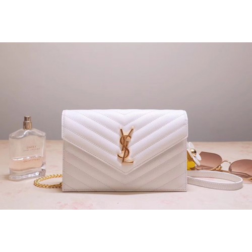 YSL Envelope Chain Wallet Bags In White Grain De Poudre Embossed Leather