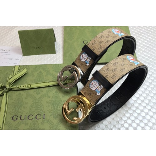 Gucci Doraemon x Gucci 38mm Belt Supreme canvas Black Leather With Gold Silver Buckle