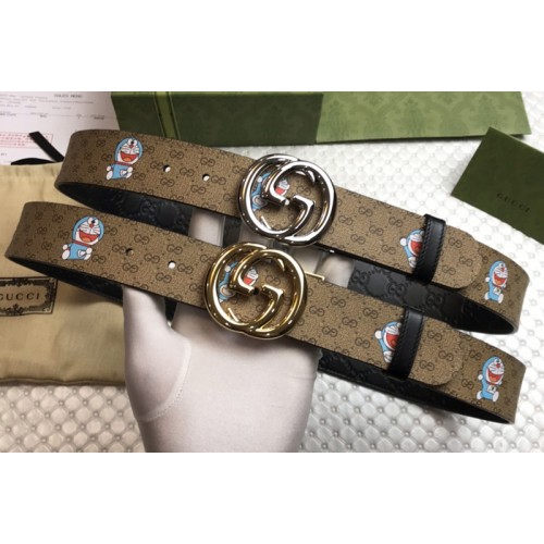 Gucci Doraemon x Gucci 38mm Belt Supreme canvas Black Leather With Gold Silver Buckle