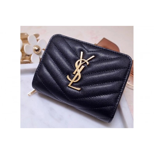 YSL Monogram Compact Zip Around Wallet In Black Grain de poudre Embossed Leather Gold Hardware YSL Monogram Compact Zip Around Wallet In Black Grain de poudre Embossed Leather Gold Hardware