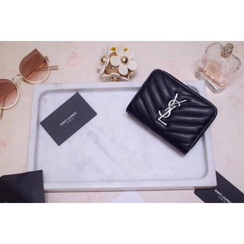 YSL Monogram Compact Zip Around Wallet In Black Grain de poudre Embossed Leather Silver Hardware