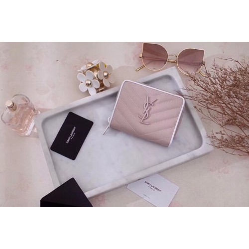 YSL Monogram Compact Zip Around Wallet In Pink Grain de poudre Embossed Leather