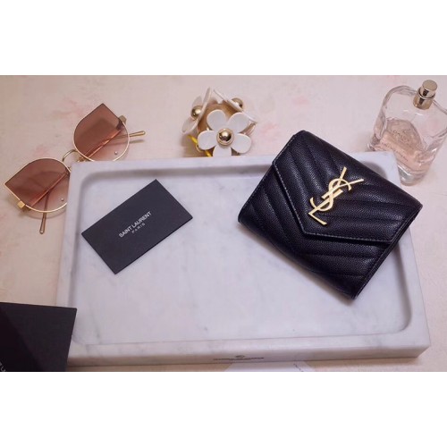 YSL Monogram Compact Tri Fold Wallet In Black Grain De Poudre Embossed Leather