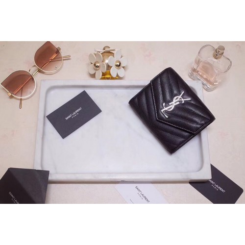 YSL Monogram Compact Tri Fold Wallet In Black Grain De Poudre Embossed Leather Silver YSL YSL Monogram Compact Tri Fold Wallet In Black Grain De Poudre Embossed Leather Silver YSL
