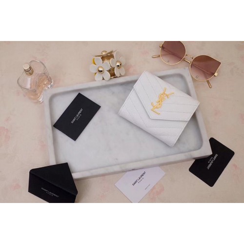 YSL Monogram Compact Tri Fold Wallet In White Grain De Poudre Embossed Leather Gold YSL