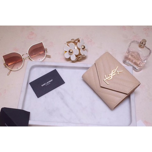 YSL Monogram Compact Tri Fold Wallet In Pink Grain De Poudre Embossed Leather Gold YSL YSL Monogram Compact Tri Fold Wallet In Pink Grain De Poudre Embossed Leather Gold YSL