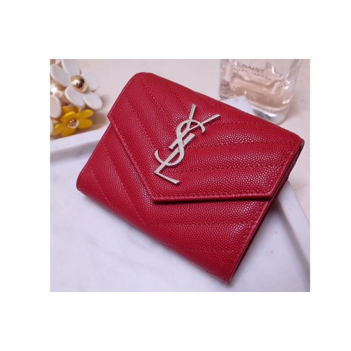 YSL Monogram Compact Tri Fold Wallet In Red Grain De Poudre Embossed Leather Silver YSL