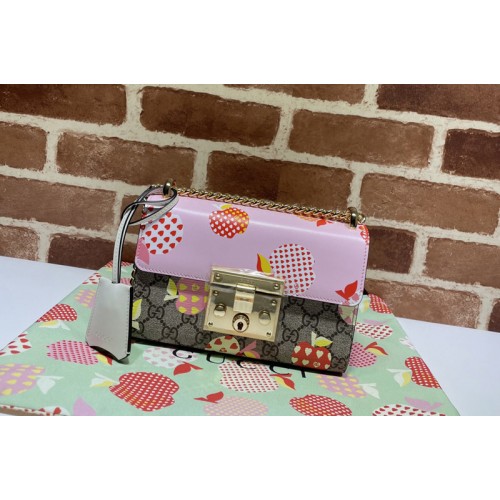Gucci Padlock small shoulder bag in Beige and ebony Supreme canvas with apple print Pink Leather