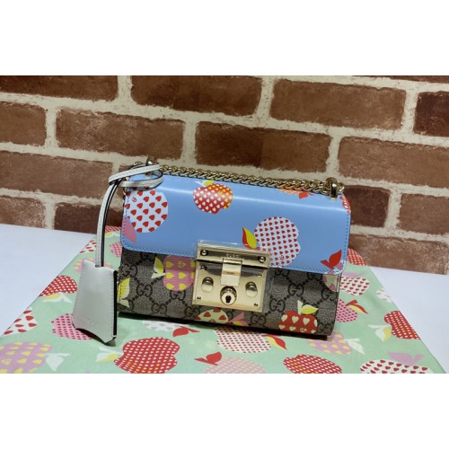 Gucci Padlock small shoulder bag in Beige and ebony Supreme canvas with apple print Blue Leather