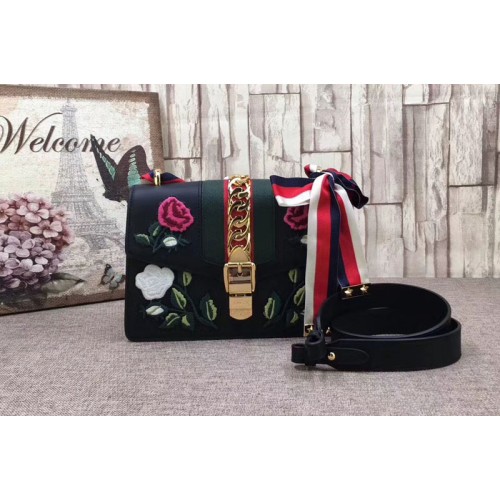 Gucci Sylvie Leather with Flower Shoulder Bag Black