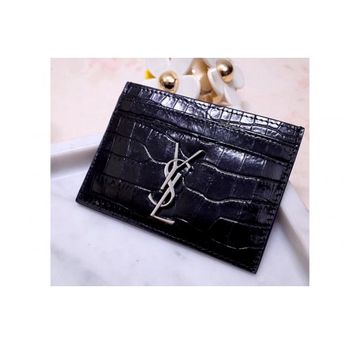 YSL Monogram Card Case In Black Shiny Crocodile Embossed Leather Silver Hardware YSL Monogram Card Case In Black Shiny Crocodile Embossed Leather Silver Hardware
