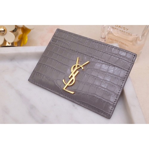 YSL Monogram Card Case In Gray Shiny Crocodile Embossed Leather Gold YSL