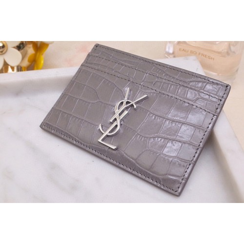 YSL Monogram Card Case In Gray Shiny Crocodile Embossed Leather Silver YSL
