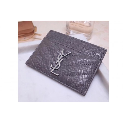 YSL Monogram Card Case In Gray Grain de Poudre Embossed Leather