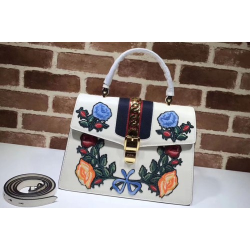 Gucci Sylvie Embroidered Leather Top Handle Bag White Gucci Sylvie Embroidered Leather Top Handle Bag White