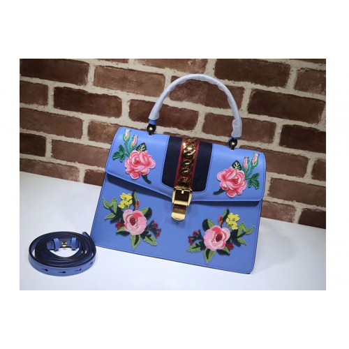 Gucci Sylvie Embroidered Leather Top Handle Bag Blue Gucci Sylvie Embroidered Leather Top Handle Bag Blue