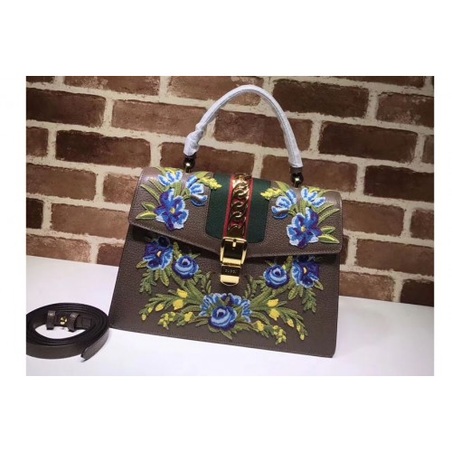 Gucci Sylvie Embroidered Leather Top Handle Bag Coffee Gucci Sylvie Embroidered Leather Top Handle Bag Coffee