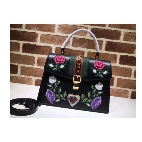 Gucci Sylvie Embroidered Leather Top Handle Bag Black
