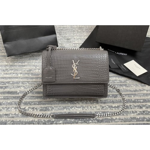 YSL Medium Sunset Monogram Bag in Gray Crocodile Leather With Silver Hardware