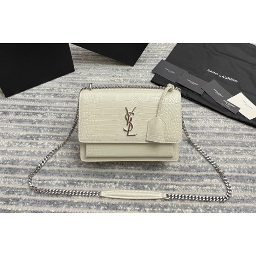 YSL Medium Sunset Monogram Bag in White Crocodile Leather With Silver Hardware YSL Medium Sunset Monogram Bag in White Crocodile Leather With Silver Hardware