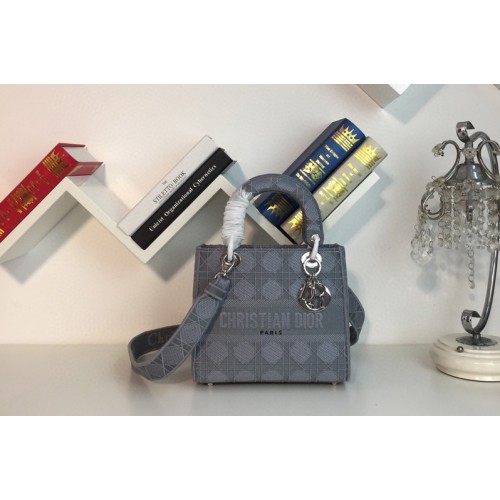 Dior M0565 Medium Bois De Blue Lady D-lite Embroidered Cannage Bag With Silver Hardware