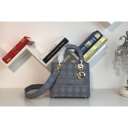 Dior M0565 Medium Bois De Blue Lady D-lite Embroidered Cannage Bag With Gold Hardware