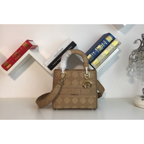 Dior M0565 Medium Bois De Brown Lady D-lite Embroidered Cannage Bag With Gold Hardware