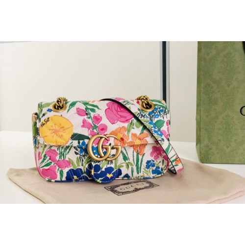 Gucci Marmont mini shoulder bag in White Calf Leather With Flowers
