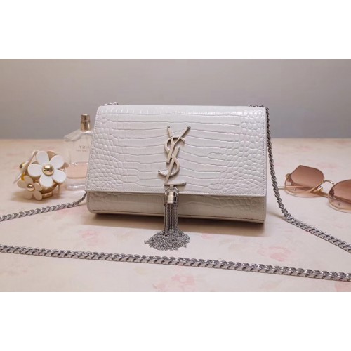 YSL Kate Small With Tassel Bags In White Embossed Crocodile Shiny Leather YSL Kate Small With Tassel Bags In White Embossed Crocodile Shiny Leather