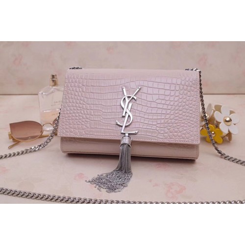 YSL Kate Small With Tassel Bags In Pink Embossed Crocodile Shiny Leather Silver Hardware YSL Kate Small With Tassel Bags In Pink Embossed Crocodile Shiny Leather Silver Hardware
