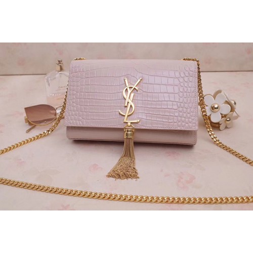 YSL Kate Small With Tassel Bags In Pink Embossed Crocodile Shiny Leather Gold Hardware