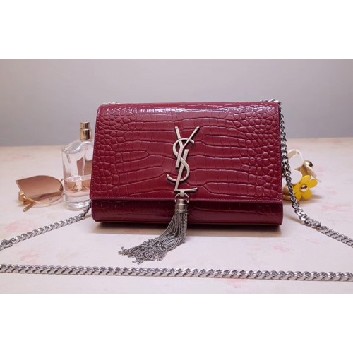 YSL Kate Small With Tassel Bags In Bordeaux Embossed Crocodile Shiny Leather