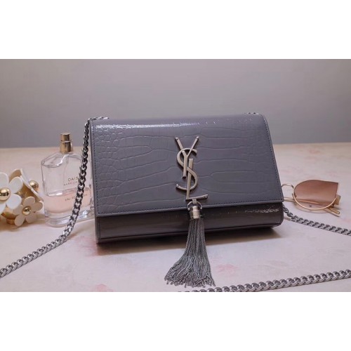 YSL Kate Small With Tassel Bags In Gray Embossed Crocodile Shiny Leather
