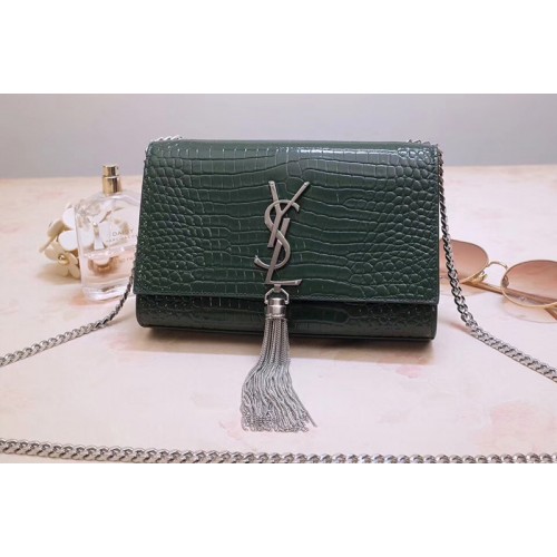 YSL Kate Small With Tassel Bags In Green Embossed Crocodile Shiny Leather